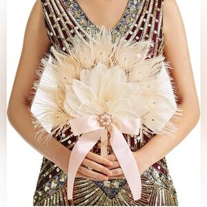 Elegant Ivory Feather Hand Fan with Satin Bow